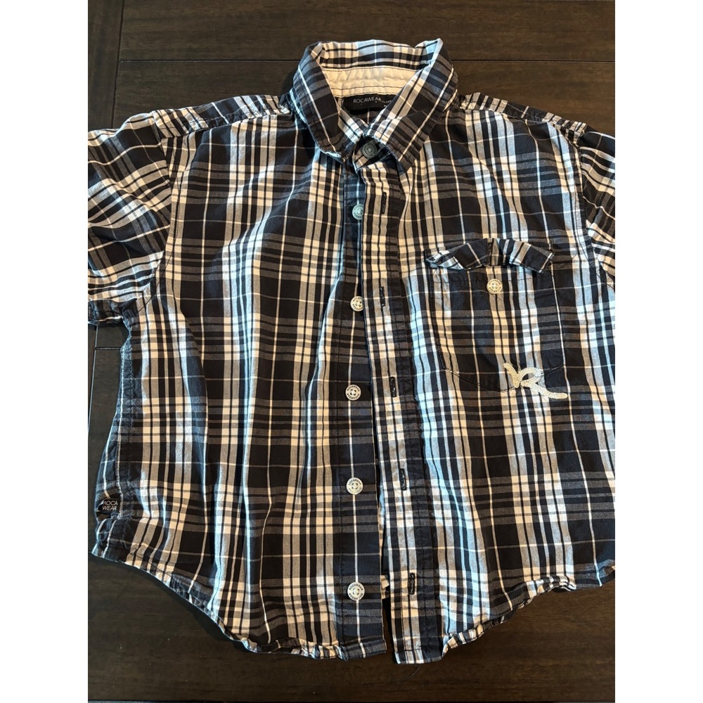 Rocawear Boys Black White Plaid Short Sleeve Button Up Shirt Size M 5/6